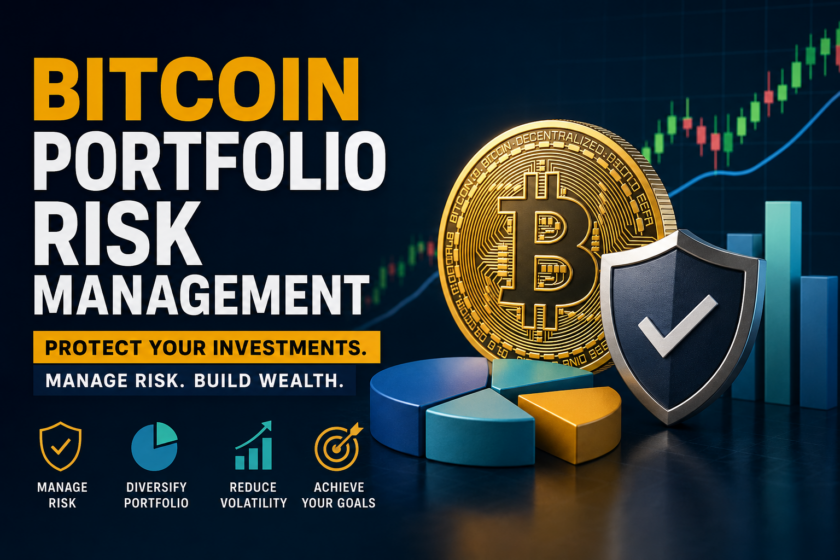 Illustration of a Bitcoin coin with a protective shield, portfolio charts, and financial graphs representing bitcoin portfolio risk management and investment protection strategies.